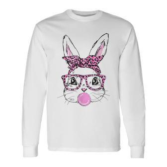 Cute Bunny Face Pink Glasses Leopard Bublegum Easter Day Long Sleeve T-Shirt - Monsterry AU