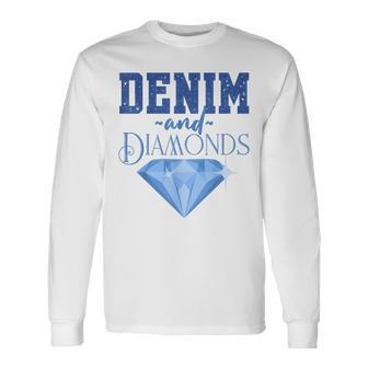 Denim Fabric Diamonds Stylish Skinny Jeans Lover Long Sleeve T-Shirt - Monsterry