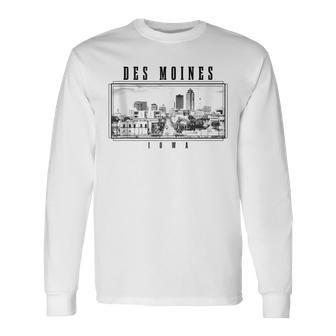Des Moines Iowa Vintage Skyline Black & White Des Moines Long Sleeve T-Shirt - Monsterry