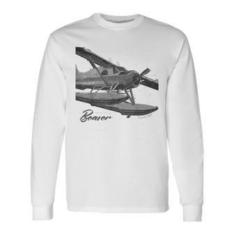 Dhc-2 Beaver Floatplane Charcoal Drawing Airplane Long Sleeve T-Shirt - Monsterry UK