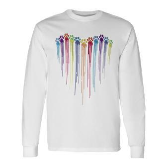 Dog Paws Heart Watercolors Painting Heart Dogs Paw Rainbow Long Sleeve T-Shirt - Monsterry CA