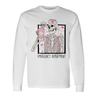 Emergency Department Valentines Day Skeleton Drinking Coffee Long Sleeve T-Shirt | Seseable CA