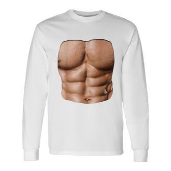 Fake Muscle Under Clothes Chest Six Pack Abs Long Sleeve T-Shirt - Monsterry