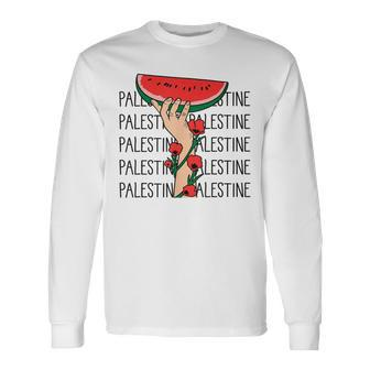 Floral Palestine Watermelon Map Free Palestine Long Sleeve T-Shirt - Monsterry