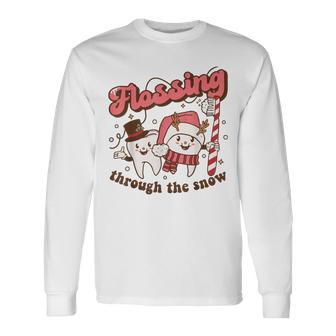 Flossing Through The Snow Dental Hygienist Christmas Dentist Long Sleeve T-Shirt - Monsterry UK