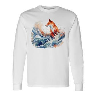 Fox Wave Artwork Animal Art Fox Long Sleeve T-Shirt - Seseable