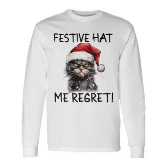 Christmas Cat Santa Hat Festive Hat Me Regret Long Sleeve T-Shirt - Monsterry CA