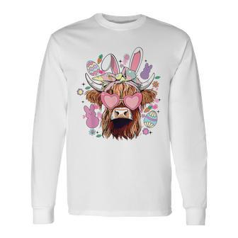 Happy Easter Highland Cow Heifer Easter Day Farmer Cowgirl Long Sleeve T-Shirt | Mazezy DE