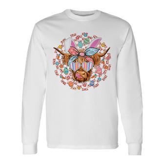 Highland Cow With Easter Eggs Bunny Ear Easter Day Cow Lover Long Sleeve T-Shirt - Monsterry UK