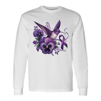 Hummingbird Holding Purple Ribbon Alzheimer Awareness Pansy Long Sleeve T-Shirt - Seseable