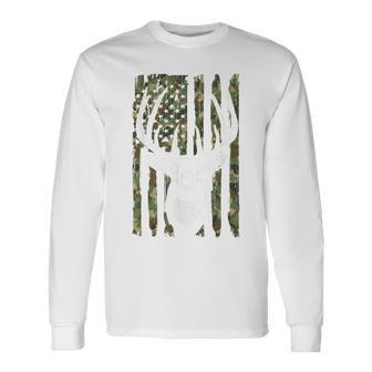 Hunting- Whitetail Deer American Flag Hunter Dad Long Sleeve T-Shirt - Monsterry CA