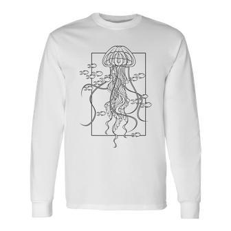 Graphic Jellyfish With Fishes In Sea Long Sleeve T-Shirt - Monsterry