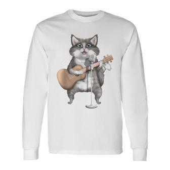 Kitty Cat Singing Guitar Player Musician Music Guitarist Long Sleeve T-Shirt - Monsterry DE