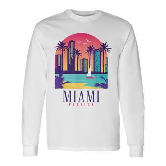 Miami Florida Vintage Retro Skyline Palm Trees Souvenir Long Sleeve T-Shirt - Monsterry CA