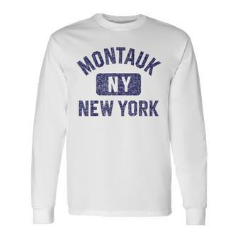 Montauk Ny Gym Style Distressed Navy Blue Print Long Sleeve T-Shirt - Monsterry