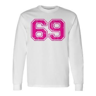 Number 69 Varsity Distressed Vintage Sport Team Player's Long Sleeve T-Shirt - Monsterry DE