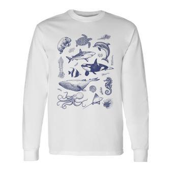 Ocean Wildlife Vintage Shark Turtle Octopus Graphic Long Sleeve T-Shirt - Monsterry