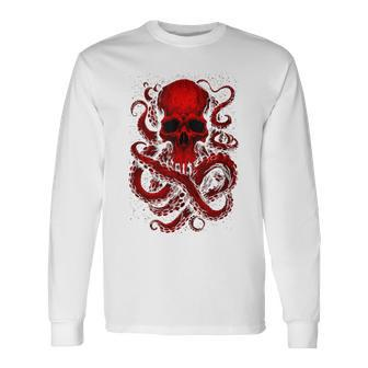 Octopus Skull Monster Red Krakens Cthulhus Cool For Boys Long Sleeve T-Shirt - Seseable
