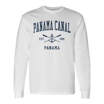 Panama Canal Vintage Navy Crossed Oars & Boat Anchor Long Sleeve T-Shirt - Monsterry DE