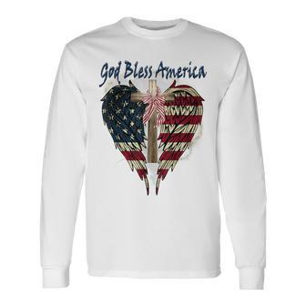 Patriotic American Flag Cross God Bless America 4Th July Long Sleeve T-Shirt - Monsterry