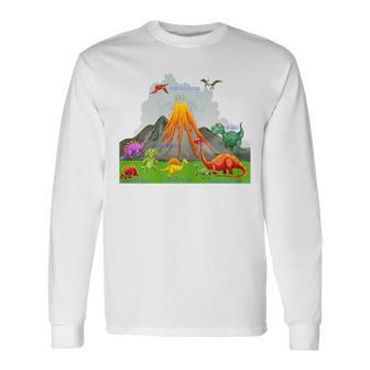 Prehistoric Landscape Dinosaurs Volcano Mountains Long Sleeve T-Shirt - Monsterry