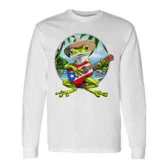 Puerto Rico Coqui Frog Playing Guitar Taino Boricua Long Sleeve T-Shirt | Mazezy