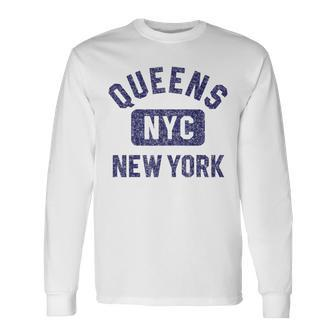 Queens Nyc Gym Style Distressed Navy Blue Print Long Sleeve T-Shirt - Monsterry UK