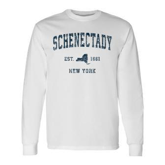 Schenectady New York Ny Vintage Sports Navy Print Long Sleeve T-Shirt - Monsterry