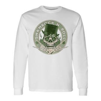Shamrock And Roll Rock And Roll Saint Patrick's Day Skull Long Sleeve T-Shirt - Thegiftio