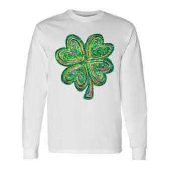 Shamrock Sequin Effect St Patrick's Day Four Leaf Clover Long Sleeve T-Shirt - Seseable