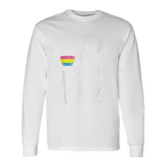 Skeleton Drinking Coffee Lgbt-Q Pansexual Pride Pan Ally Long Sleeve T-Shirt - Monsterry