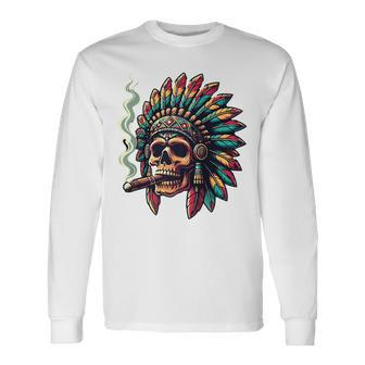 Smoking Cigar Indian Skull Colorful Headdress Lounge Gear Long Sleeve T-Shirt - Monsterry