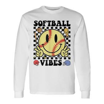 Softball Vibes Smile Face Game Day Softball Mom Long Sleeve T-Shirt - Seseable