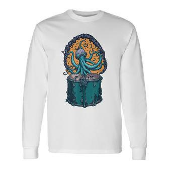 Steampunk Octopus Playing Drums Drummer Drum Kit Long Sleeve T-Shirt - Monsterry AU