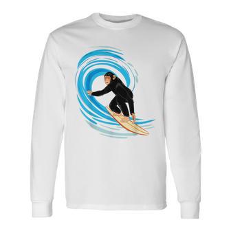 Surfing Monkey Ape Riding The Tube Wave Surfing Long Sleeve T-Shirt - Monsterry UK