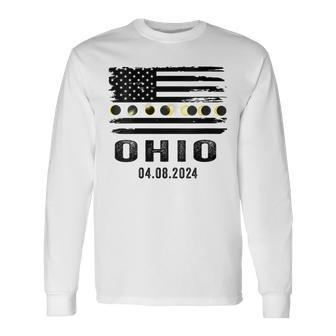 Total Solar Eclipse 2024 Totality Ohio Usa American Flag Long Sleeve T-Shirt | Mazezy