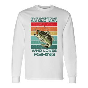 Never Underestimate A Old Man Who Loves Fishing Bass Vintage Long Sleeve T-Shirt - Thegiftio UK