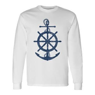 Vintage Distressed Sail Boating Nautical Grungy Navy Anchor Long Sleeve T-Shirt - Seseable
