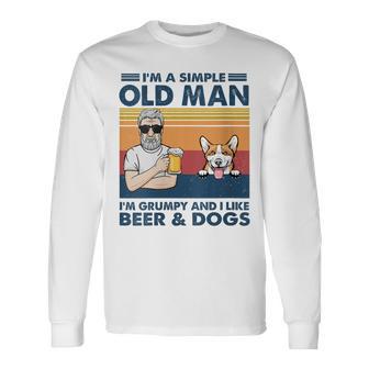 Vintage Grumpy Old Man Like Beer And Dogs Red Corgi Grandpa Long Sleeve T-Shirt - Monsterry AU