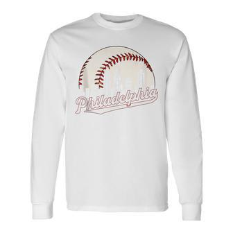 Vintage Philadelphia Philly Cityscape Baseball Skyline Old Long Sleeve T-Shirt - Monsterry