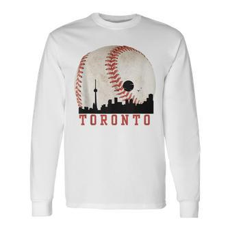 Vintage Toronto Cityscape Travel Theme With Baseball Graphic Long Sleeve T-Shirt - Monsterry