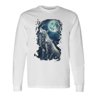 White Wolves Howling At Moon Vintage Wolf Lover Long Sleeve T-Shirt - Monsterry DE