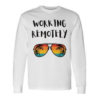 Working Remotely Home Office Remote Worker Beach Palm Tree Long Sleeve T-Shirt - Monsterry DE