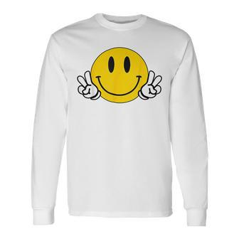 Yellow Smile Face Cute Checkered Peace Smiling Happy Face Long Sleeve T-Shirt | Mazezy