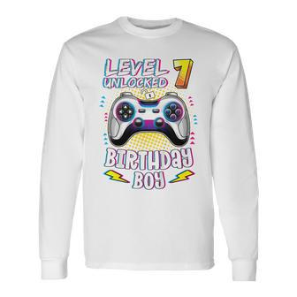 Youth 7 Years Old Birthday Level 7 Unlocked Gamer 7Th Birthday Boy Long Sleeve T-Shirt - Thegiftio UK