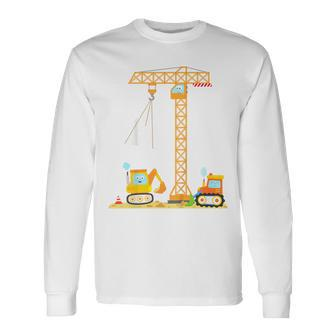 Youth Birthday 4 Year Old Boy Construction Vehicles Digger Crane Long Sleeve T-Shirt - Thegiftio UK