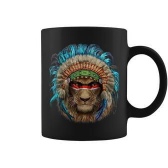 Alpha Lion In Native Indian Headdress Coffee Mug - Monsterry AU