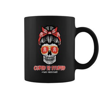 Anti Valentines Day Cupid Is Stupid Skull Messy Bun Women Coffee Mug - Monsterry DE