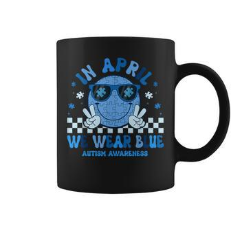 In April We Wear Blue Autism Awareness Hippie Face Coffee Mug | Mazezy CA