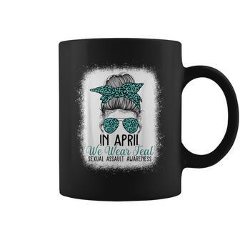 In April We Wear Teal Sexual Assault Awareness Messy Bun Coffee Mug - Monsterry DE